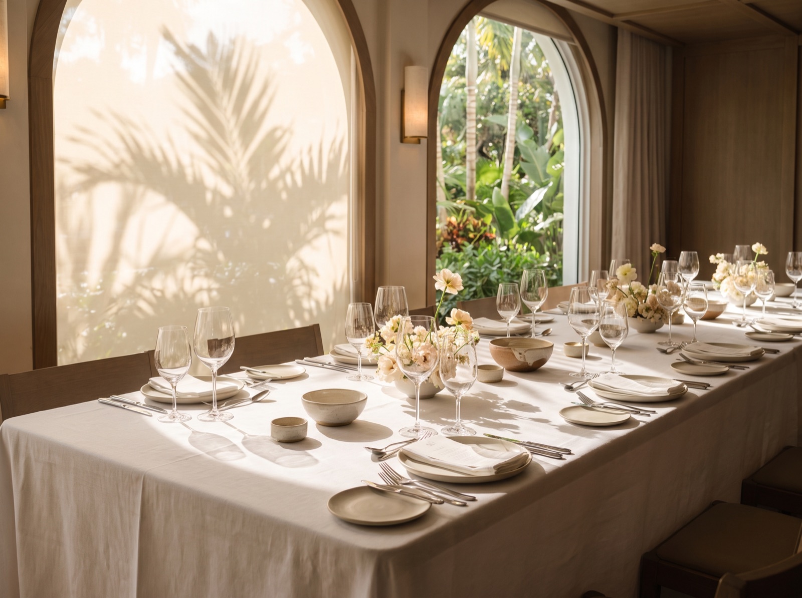 A set lunch table in warm Miami morning light